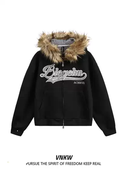 National Trend Cleanfit Letter Embroidery Fur Collar Hooded Sweatshirt for Men and Women, Loose Fit, Couple's Warm Thick Cotton Jacket