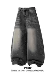 Trendy Heavy-Duty Rhinestone Washed Whiskered Knife-Cut Jeans for Men and Women, Loose Wide-Leg Versatile Commuter Drapey Long Pants