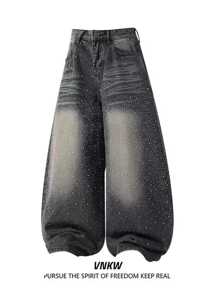 Trendy Heavy-Duty Rhinestone Washed Whiskered Knife-Cut Jeans for Men and Women, Loose Wide-Leg Versatile Commuter Drapey Long Pants