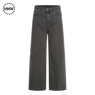 宽松阔腿百搭休闲裤 长裤 子 男女潮流垂感工装 重磅灰烟色直筒牛仔裤