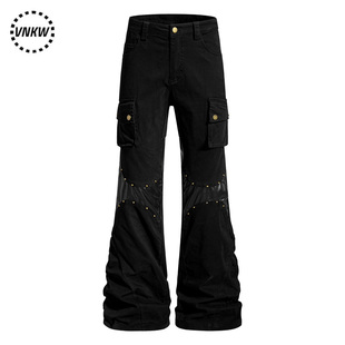 国潮痞帅轻亚重磅微喇工装裤男女宽松多口袋铆钉PU皮拼接直筒长裤