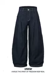 American Retro Raw Denim Blue Curved Hem Jeans Unisex Loose Wide-Leg Pants Drapey Versatile Cleanfit Long Pants Trendy