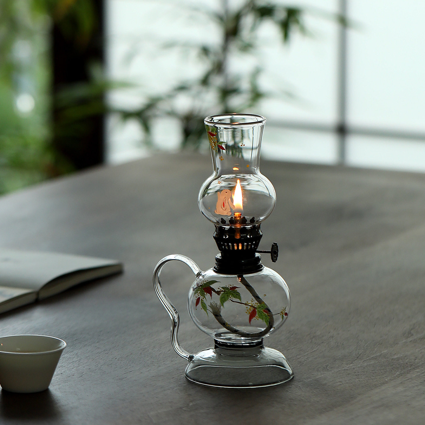 玻璃油灯创意复古烛台家用茶室装饰摆件手绘花鸟图案小夜灯