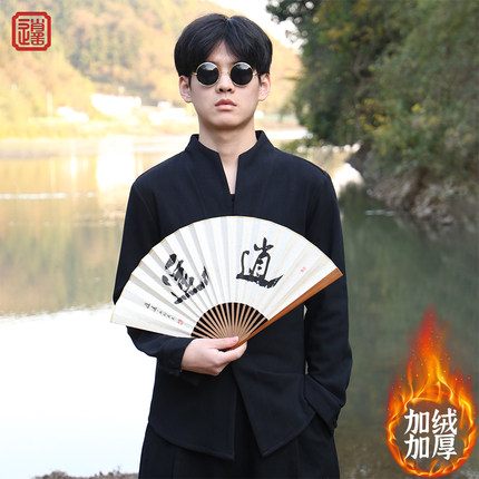 新中式男装冬季保暖衬衣长袖立领复古中国风棉麻加厚加绒男士衬衫