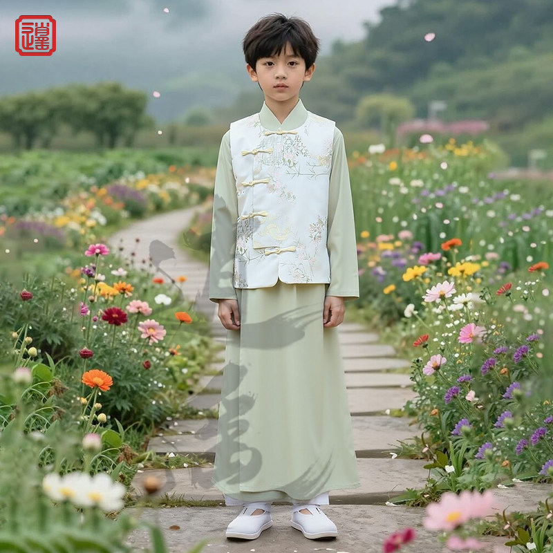 儿童绣花汉服国学长衫大褂套装