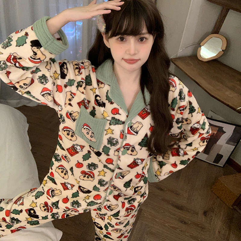 珊瑚绒圣诞小新睡衣女款秋冬季