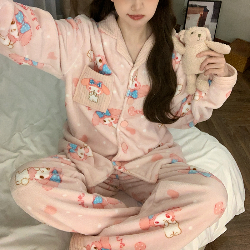 卡通美乐蒂法兰绒保暖睡衣女秋冬季2025新款加厚冬天珊瑚绒家居服