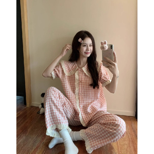STUDIO 甜美休闲短袖 格子花边睡衣女夏2025新款 长裤 家居服套装