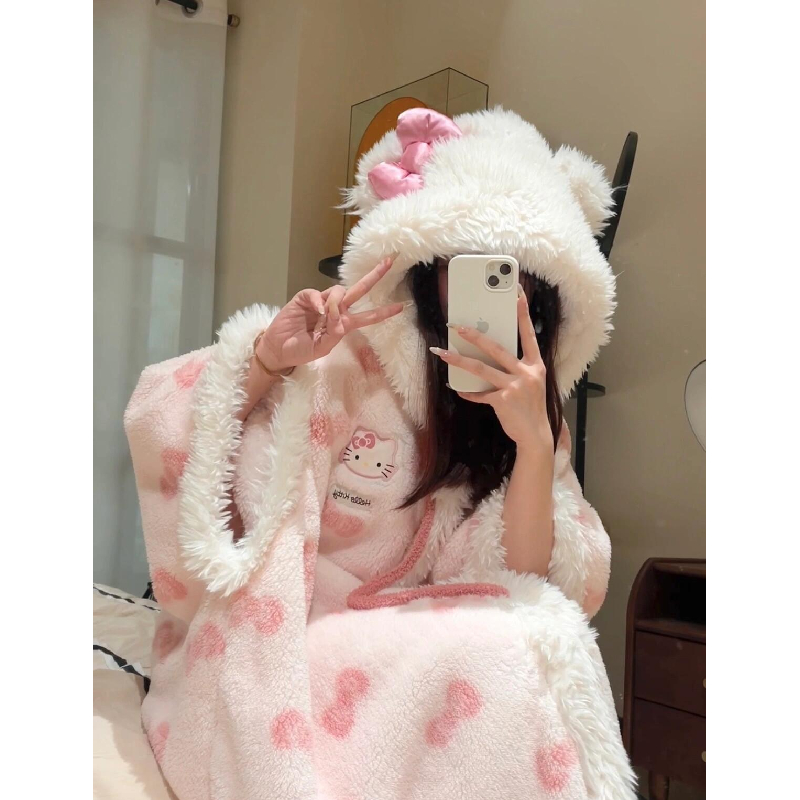 少女软妹凯蒂猫珊瑚绒连帽睡袍