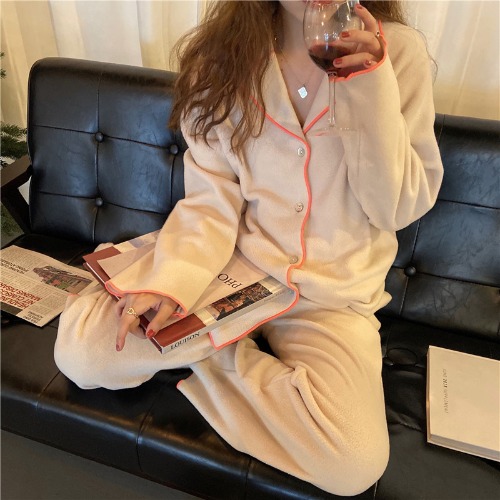 杏红边网红ins冬季法兰绒睡衣女