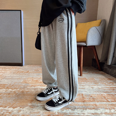 纯棉直筒时髦休闲条纹阔腿裤条纹