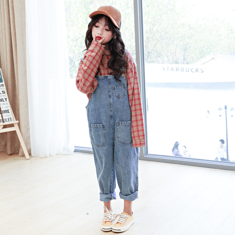 女童背带裤套装春装2025新款韩版中大童春秋宽松洋气牛仔裤长裤潮