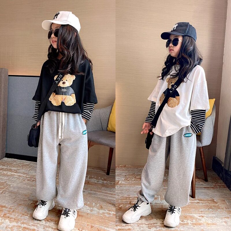 女童假两件长袖T恤春装2026新款中大童春秋款时尚内搭打底衫上衣