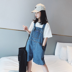 女童牛仔背带短裤春夏套装2025新款韩版中大童夏装五分裤两件套潮