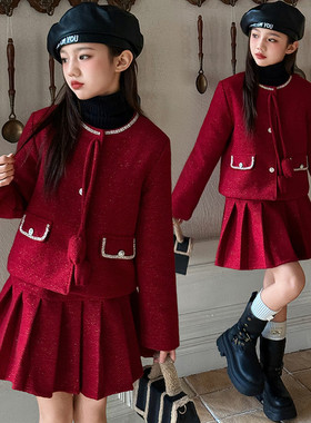 女童小香风红色套装冬季加厚毛呢外套百褶裙两件套新年洋气