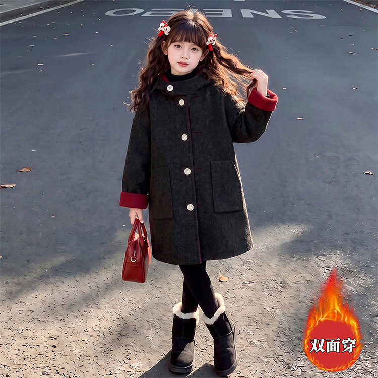 女童加厚保暖连帽中长款棉服