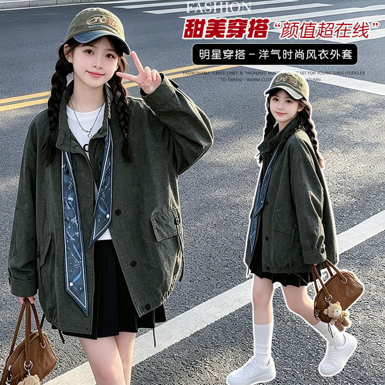 工装立领绿长款风衣女显瘦