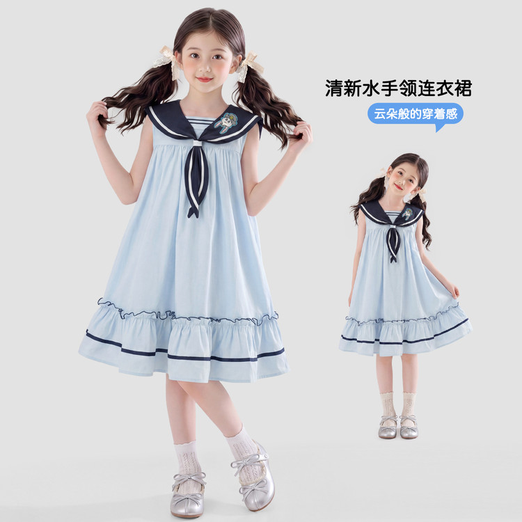 女童夏季海军风无袖蛋糕连衣裙