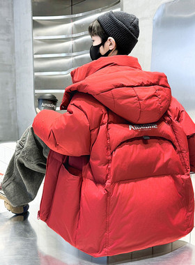 男童冬季红色加厚连帽棉服中大童保暖棉衣外套