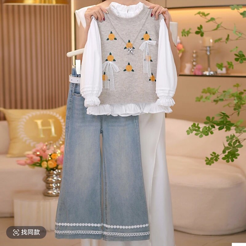 女童秋季甜美马甲衬衫牛仔三件套