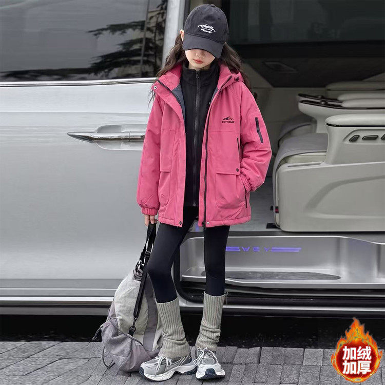 女童玫红加厚保暖连帽夹棉风衣