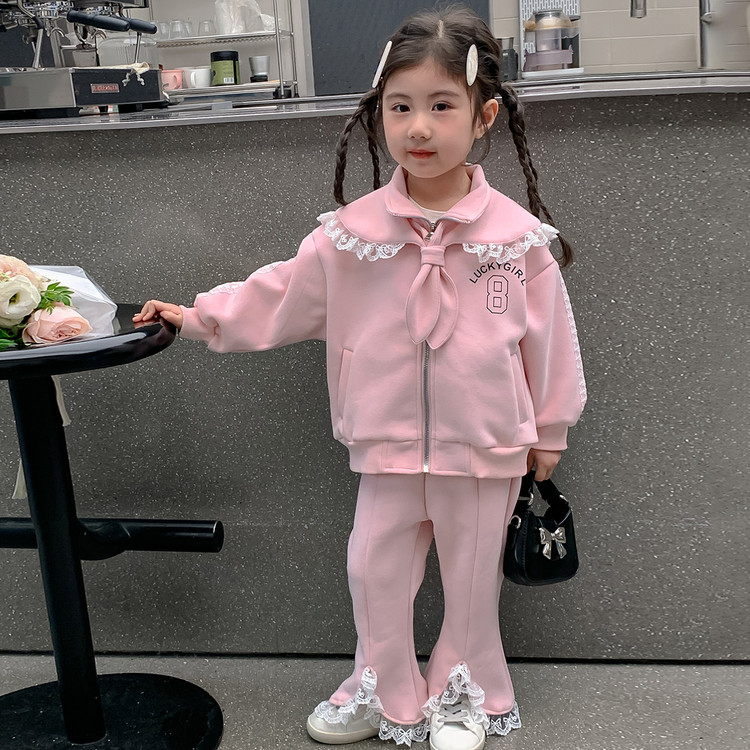 女童春季韩版花边拉链卫衣两件套