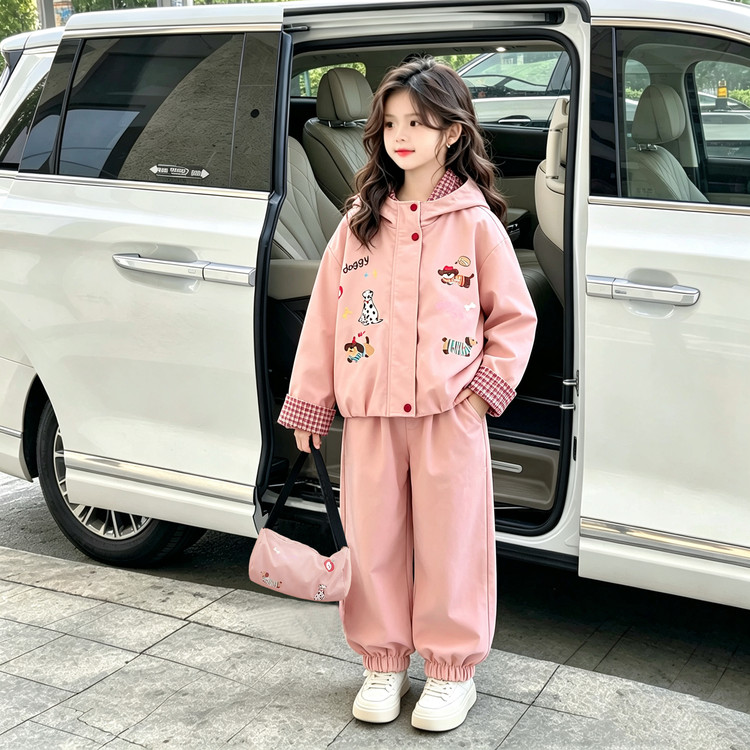 女童春秋韩版卡通连帽卫衣两件套