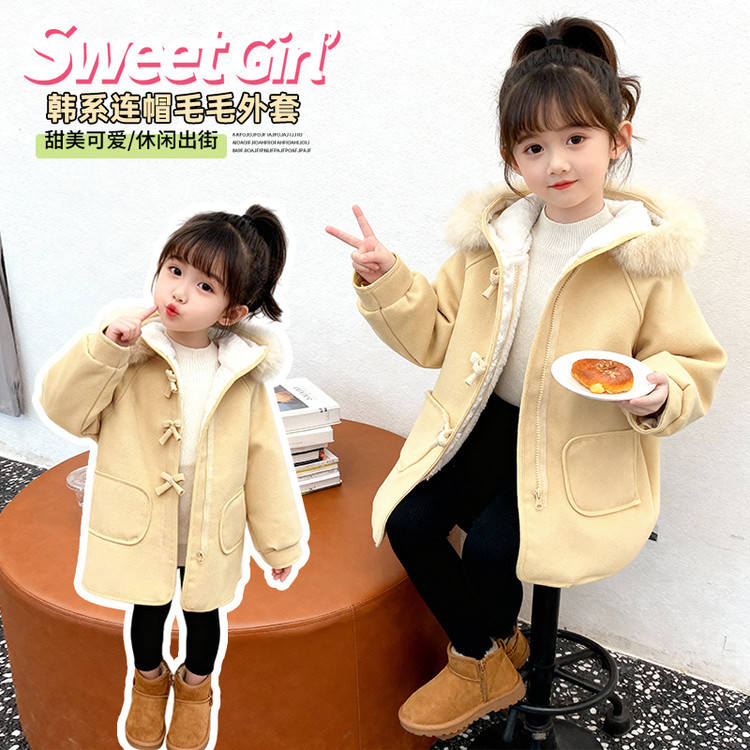 甜美女孩连帽毛呢大衣中长款