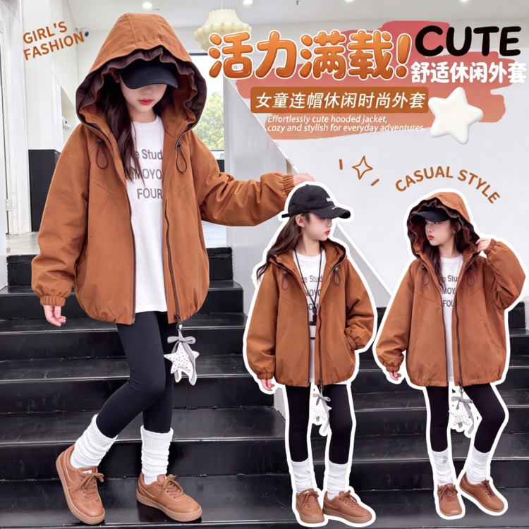 女童连帽加厚中长款外套南瓜橙