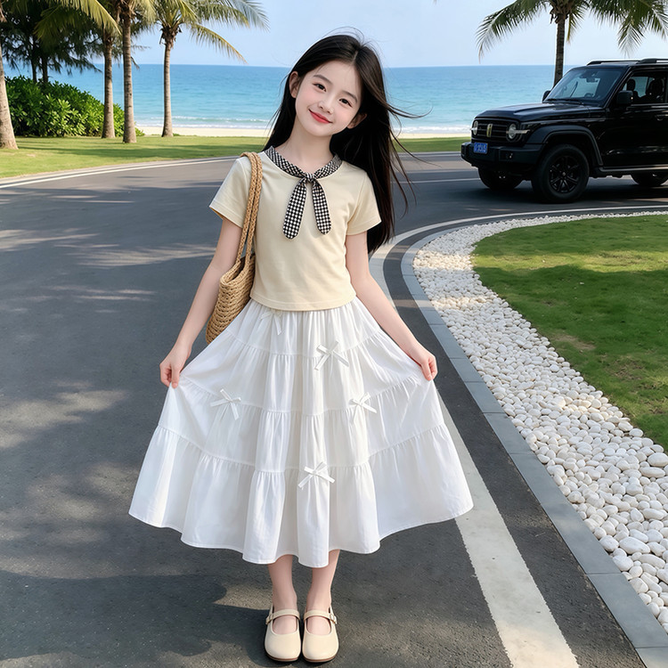 女童夏季学院风蝴蝶结蛋糕裙套装