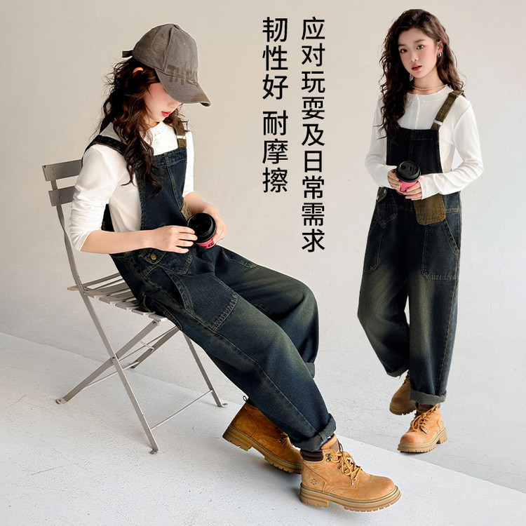 复古水洗牛仔阔腿背带裤女减龄