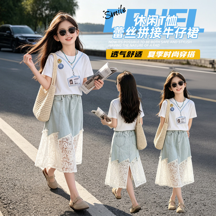 女童夏季T恤牛仔裙两件套