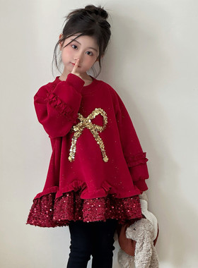 女童红色蝴蝶结亮片连衣裙冬季加绒保暖中裙新年拜年服