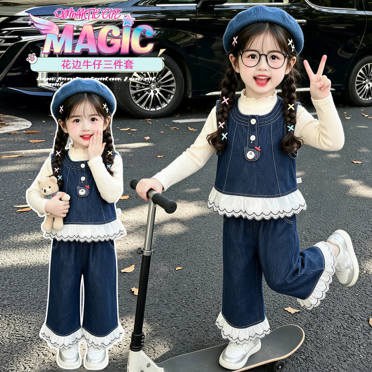 女童牛仔蕾丝马甲阔腿裤三件套