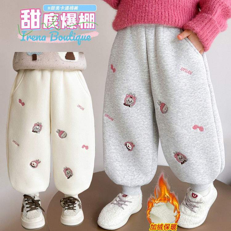 女童卡通刺绣加绒卫裤