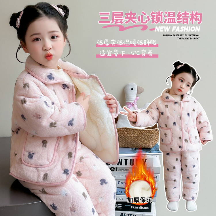 女童珊瑚绒睡衣套装冬季加厚保暖