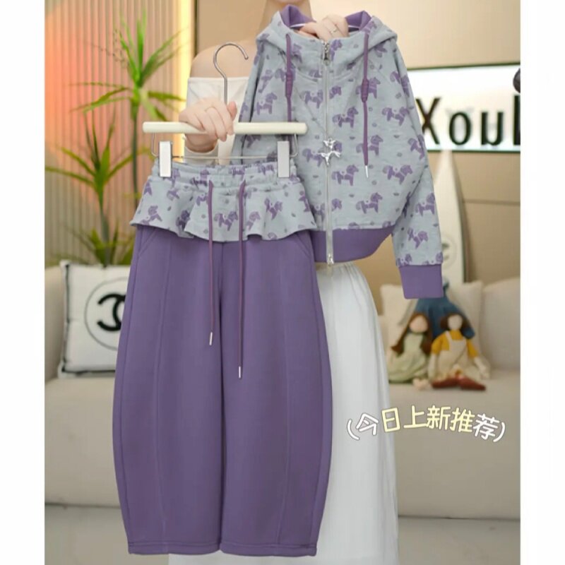 女童春秋紫色连帽卫衣运动套装