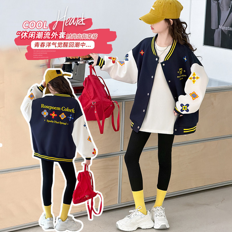 女童春秋韩版刺绣棒球外套