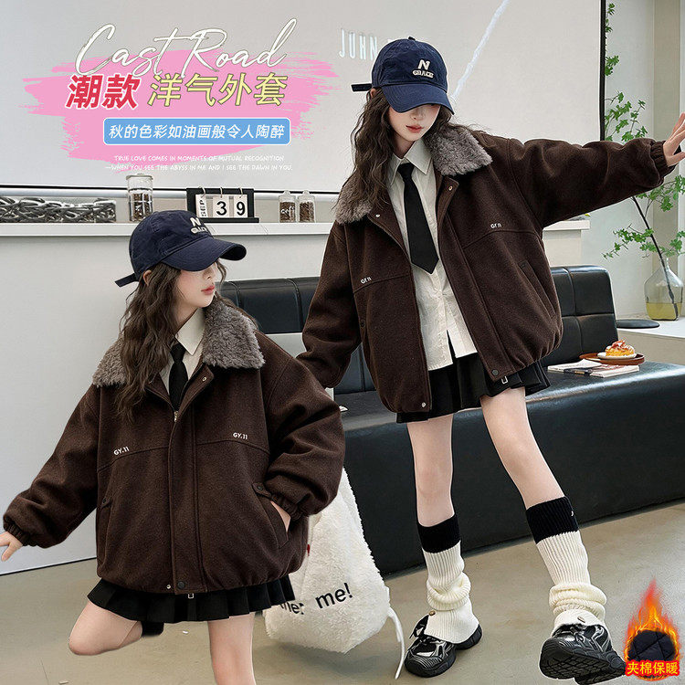女童冬季加厚毛领呢子大衣