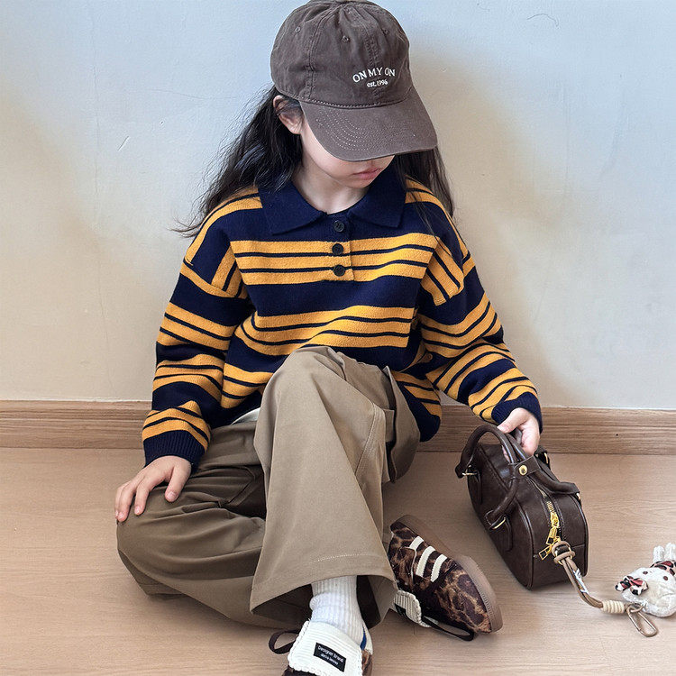 女童慵懒风条纹Polo领针织衫