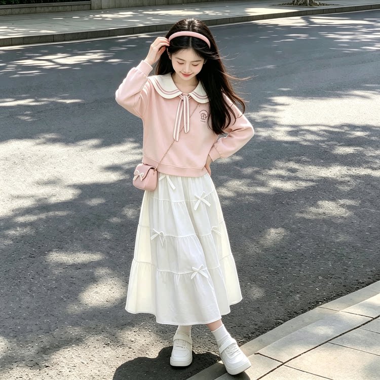 女童海军领学院风卫衣蛋糕裙套装