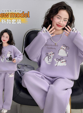 韩版女童卡通卫衣套装春季紫色休闲两件套洋气可爱