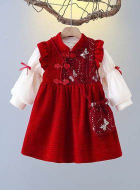 女童中国风连衣裙红色新年装甜美泡泡袖两件套洋气过年裙