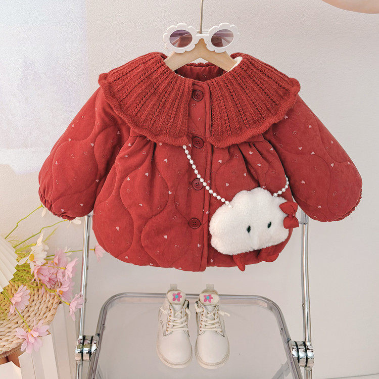 女童红色翻领加绒加厚韩版棉服