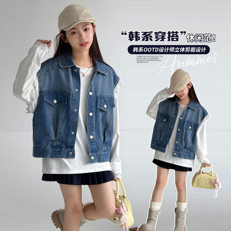 学院风蝴蝶结牛仔马甲女百搭
