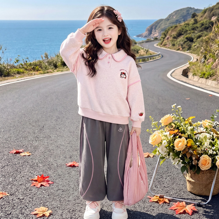 女童春秋冬翻领卡通卫衣裤套装