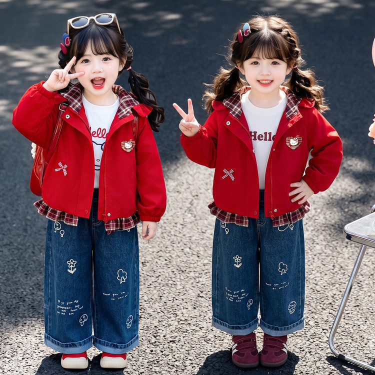 女童红格子拼接连帽夹克春秋