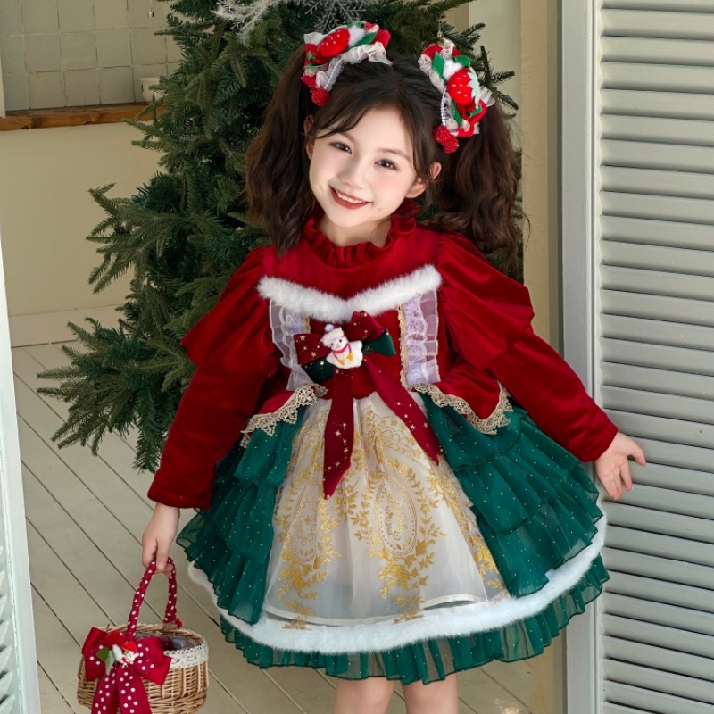 女童洛丽塔公主裙红色长袖刺绣