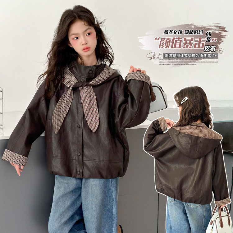 女童PU翻领皮衣外套2025新款