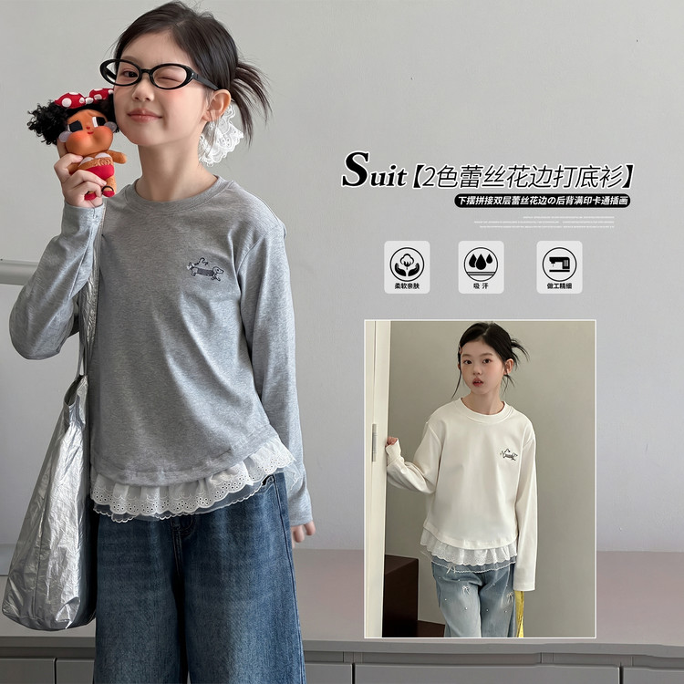 韩版女童蕾丝拼接圆领长袖T恤